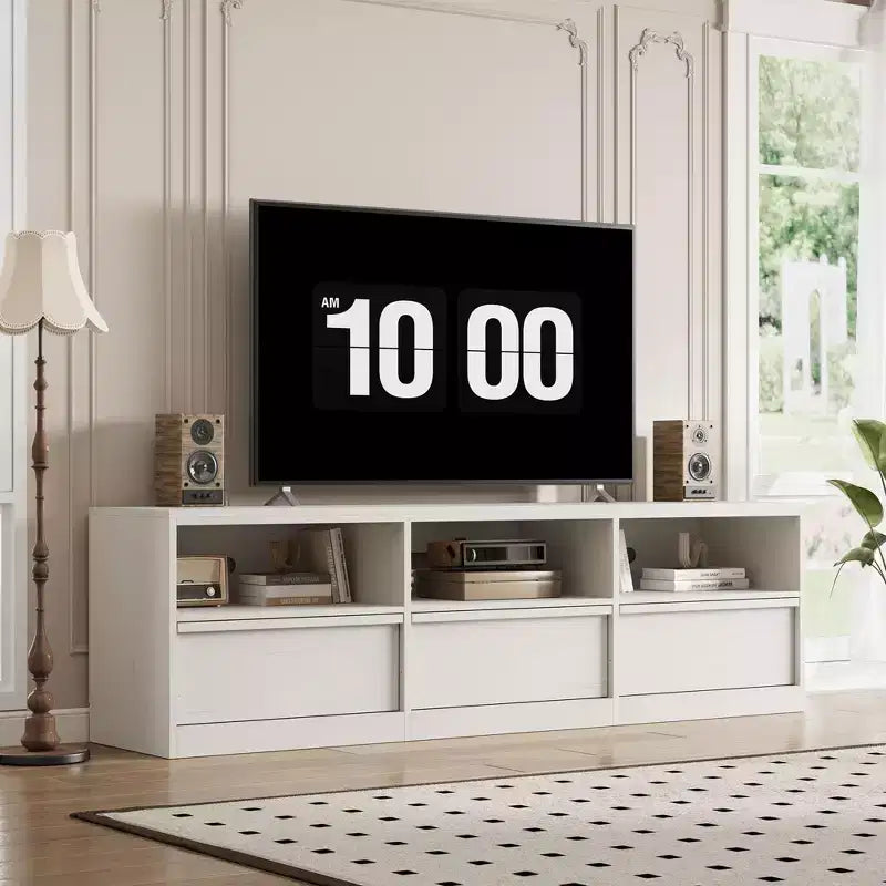 Meuble TV scandinave de 177,8 cm pour téléviseurs jusqu'à 203,2 cm, meuble de divertissement en bois avec 3 tiroirs et étagères ouvertes