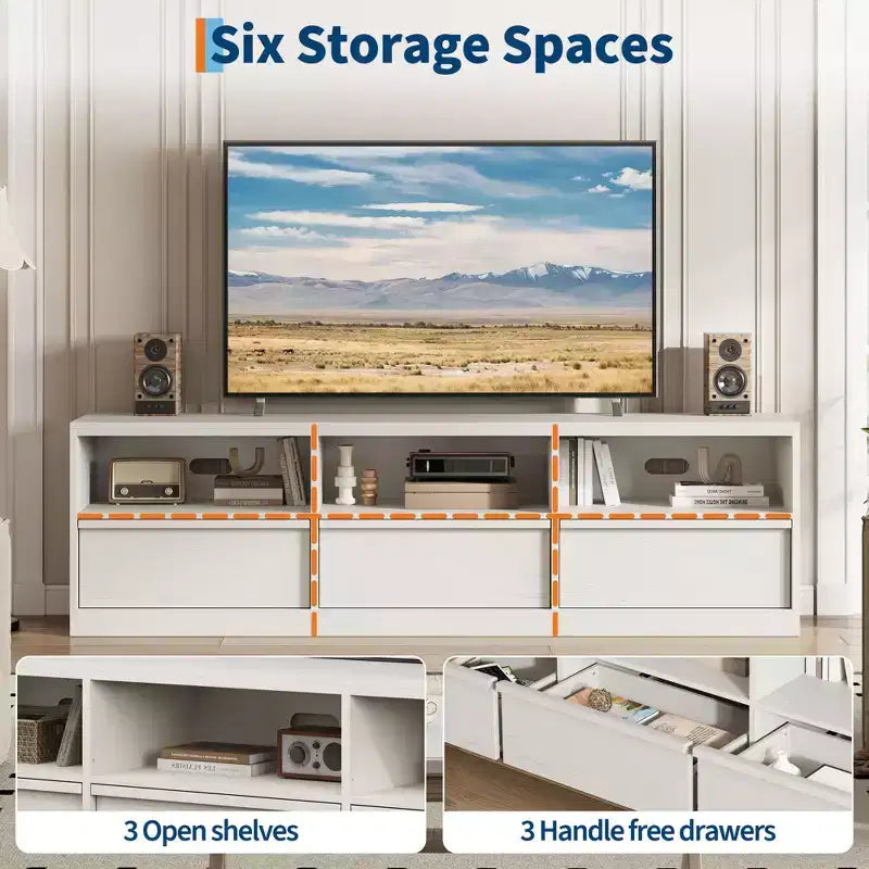 Meuble TV scandinave de 177,8 cm pour téléviseurs jusqu'à 203,2 cm, meuble de divertissement en bois avec 3 tiroirs et étagères ouvertes
