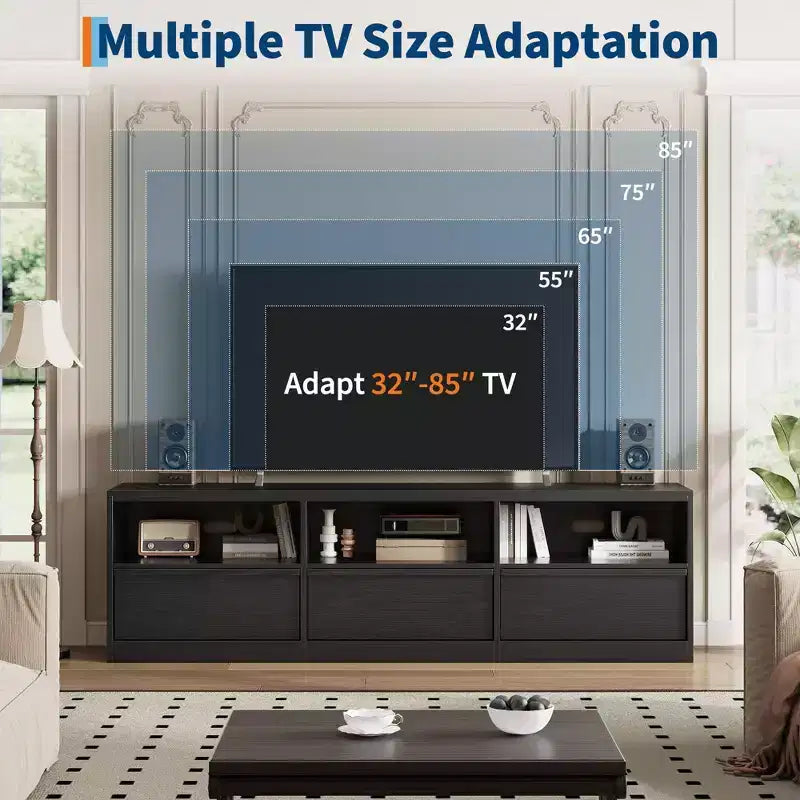 Meuble TV scandinave de 177,8 cm pour téléviseurs jusqu'à 203,2 cm, meuble de divertissement en bois avec 3 tiroirs et étagères ouvertes