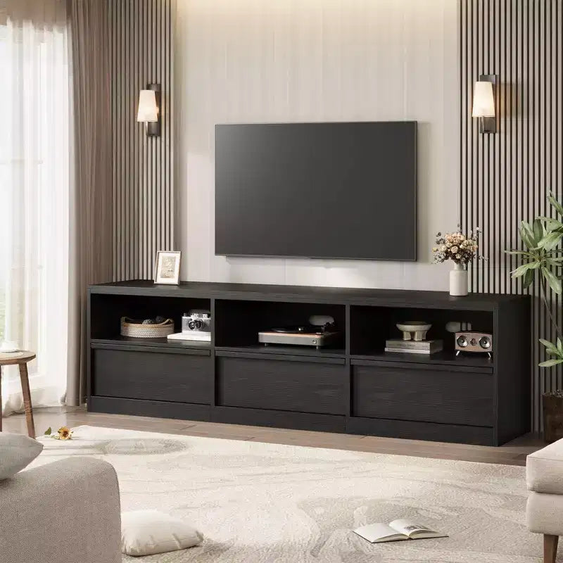 Meuble TV scandinave de 177,8 cm pour téléviseurs jusqu'à 203,2 cm, meuble de divertissement en bois avec 3 tiroirs et étagères ouvertes