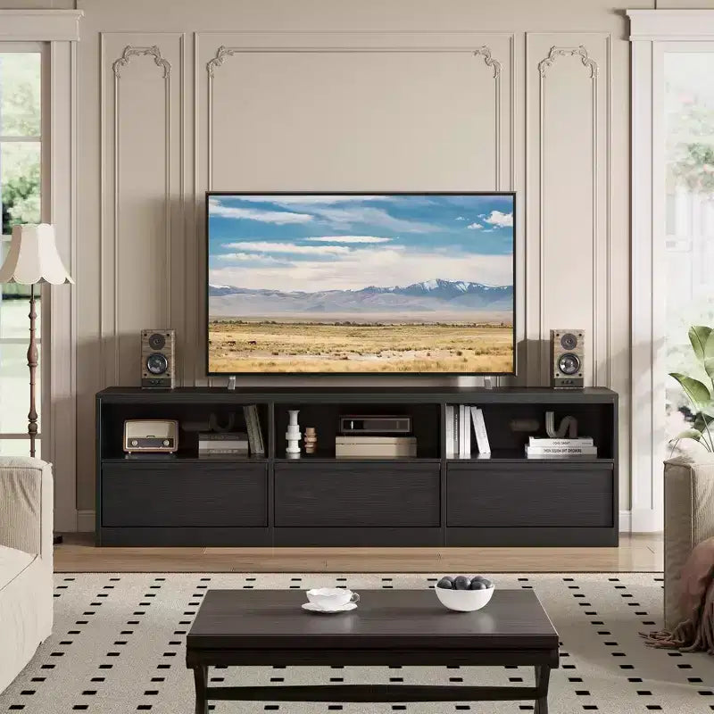 Meuble TV scandinave de 177,8 cm pour téléviseurs jusqu'à 203,2 cm, meuble de divertissement en bois avec 3 tiroirs et étagères ouvertes