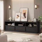 Meuble TV scandinave de 177,8 cm pour téléviseurs jusqu'à 203,2 cm, meuble de divertissement en bois avec 3 tiroirs et étagères ouvertes