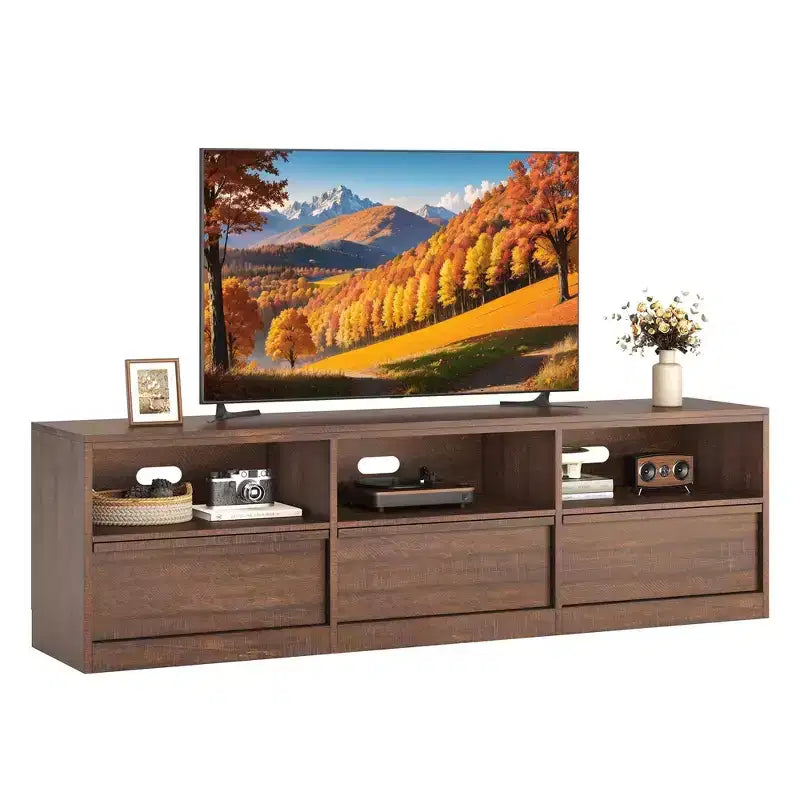 Meuble TV scandinave de 177,8 cm pour téléviseurs jusqu'à 203,2 cm, meuble de divertissement en bois avec 3 tiroirs et étagères ouvertes
