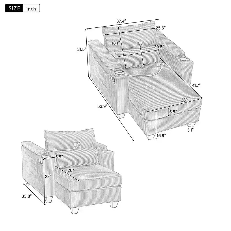 MAYEERTY Canapé convertible en velours côtelé avec ports, porte-gobelets et grand espace de rangement pour salon, marron