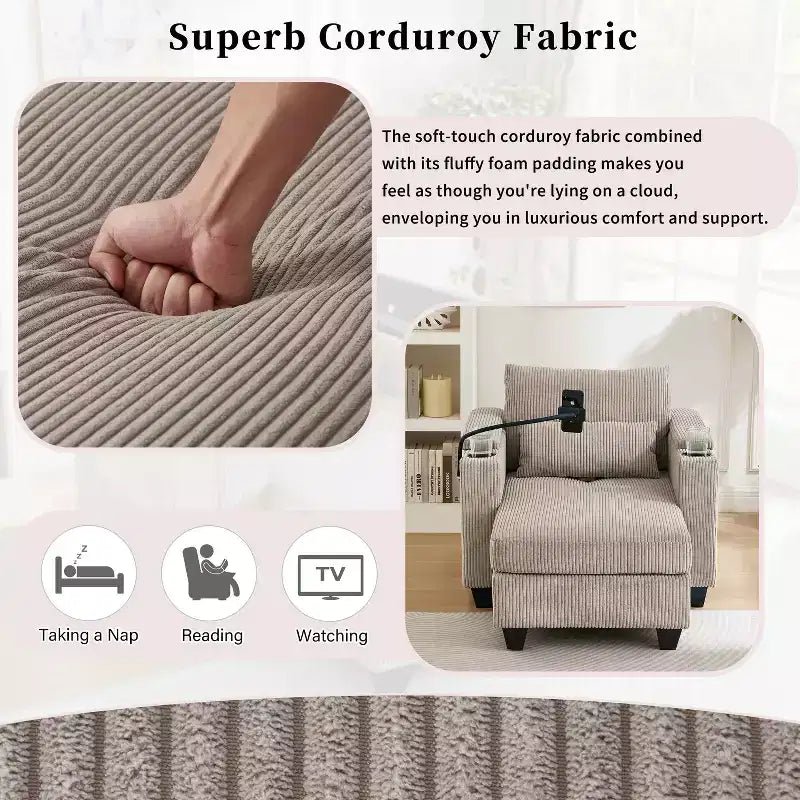 MAYEERTY Canapé convertible en velours côtelé avec ports, porte-gobelets et grand espace de rangement pour salon, marron