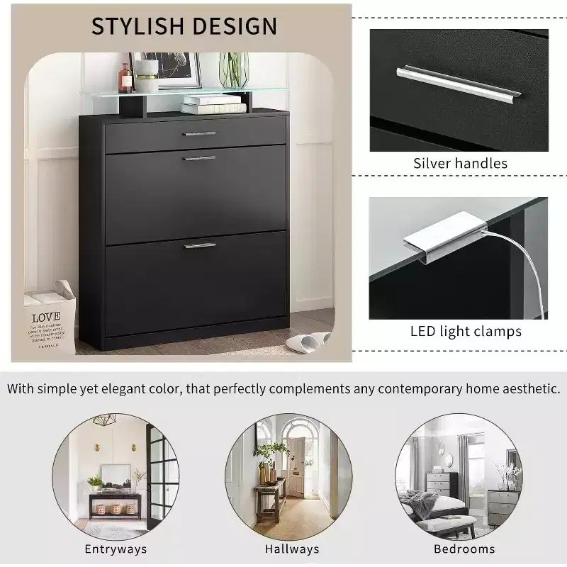 Meuble de rangement étroit pour entrée, organisateur de mode avec 2 tiroirs à bascule, dessus en verre trempé avec lumières LED, noir, pour couloir