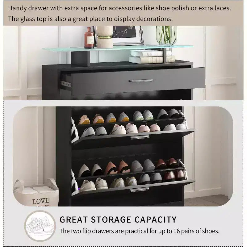 Meuble de rangement étroit pour entrée, organisateur de mode avec 2 tiroirs à bascule, dessus en verre trempé avec lumières LED, noir, pour couloir