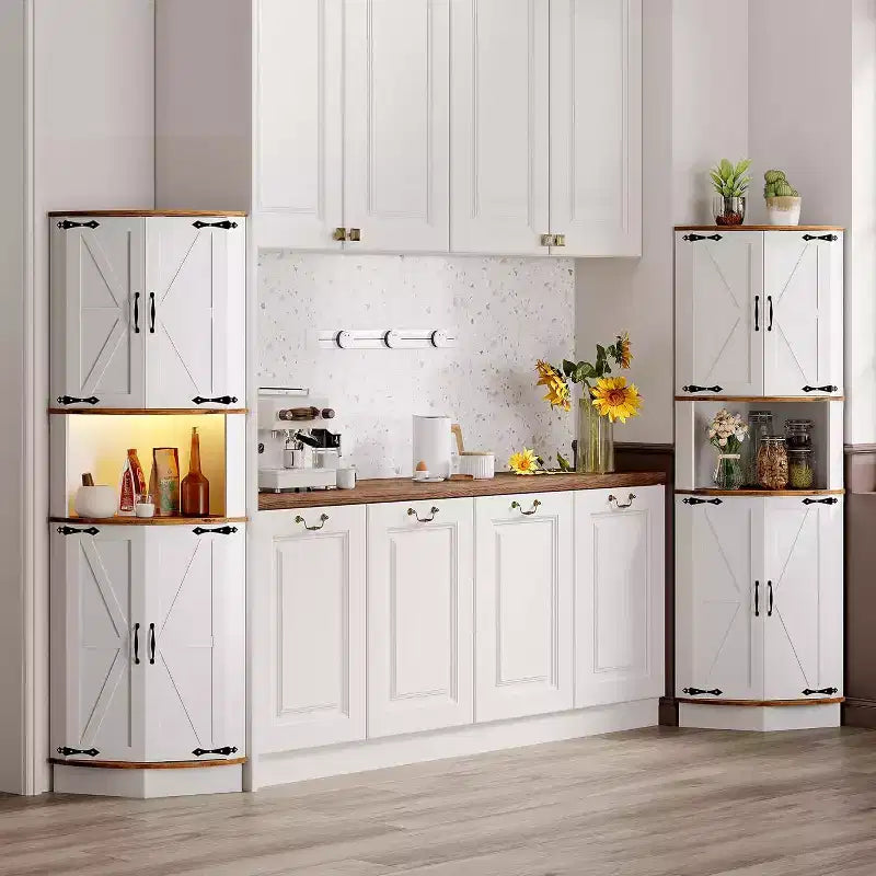 Armoire d'angle de ferme de 65 po, meuble de rangement avec porte de grange, 5 étagères, organisateur d'espace pour salon, bar, cuisine, salle de bain
