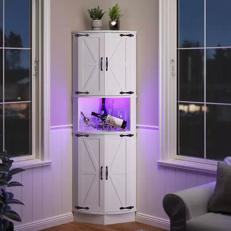 Armoire d'angle de ferme de 65 po, meuble de rangement avec porte de grange, 5 étagères, organisateur d'espace pour salon, bar, cuisine, salle de bain