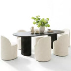 Ensemble table à manger pour 6, table ovale noire, chaises de salle à manger roulantes rembourrées avec roulettes, chenille texturée 360 g/m² - Panipeachy
