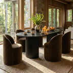 Ensemble table à manger pour 6, table ovale noire, chaises de salle à manger roulantes rembourrées avec roulettes, chenille texturée 360 g/m² - Panipeachy