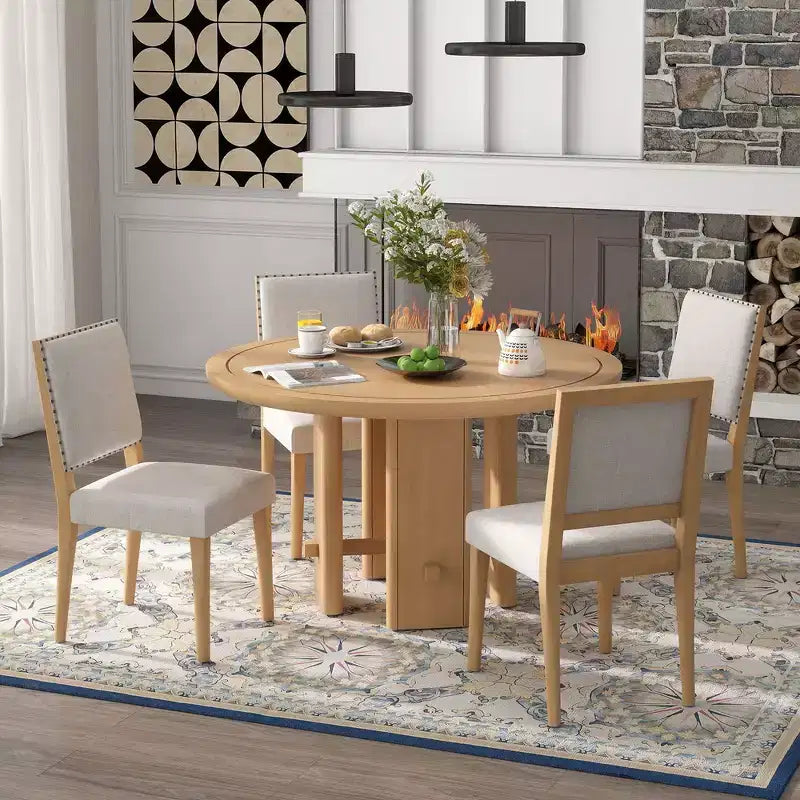 Table à manger ronde 5 pièces Whisen style ferme avec 4 chaises rembourrées en bois massif, ensemble pour 4 personnes