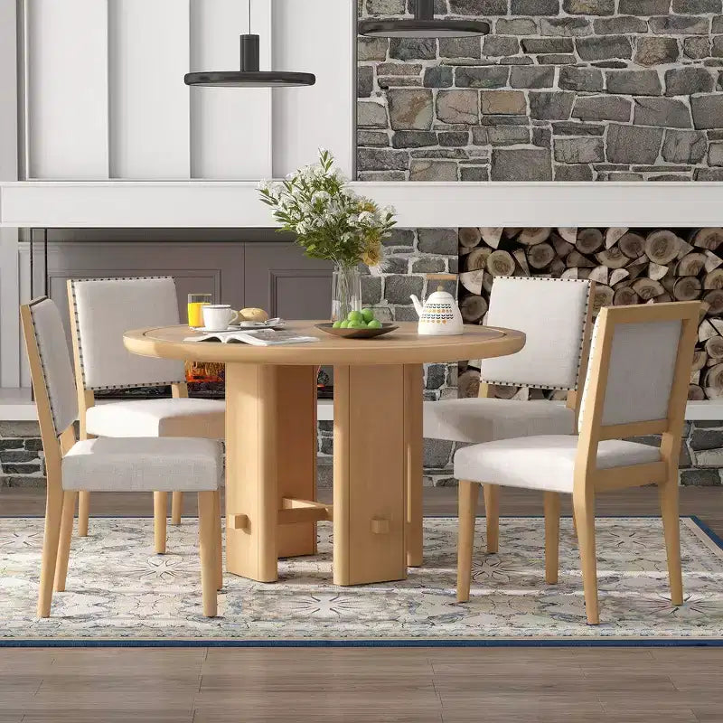 Table à manger ronde 5 pièces Whisen style ferme avec 4 chaises rembourrées en bois massif, ensemble pour 4 personnes