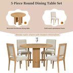 Table à manger ronde 5 pièces Whisen style ferme avec 4 chaises rembourrées en bois massif, ensemble pour 4 personnes