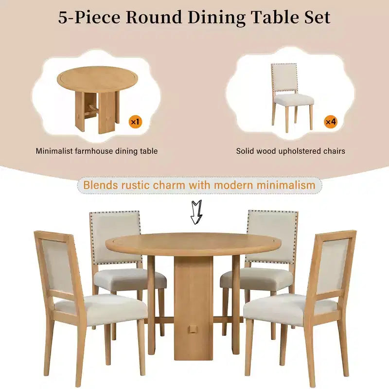 Table à manger ronde 5 pièces Whisen style ferme avec 4 chaises rembourrées en bois massif, ensemble pour 4 personnes
