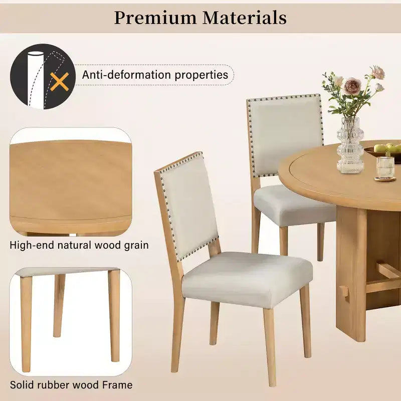 Table à manger ronde 5 pièces Whisen style ferme avec 4 chaises rembourrées en bois massif, ensemble pour 4 personnes