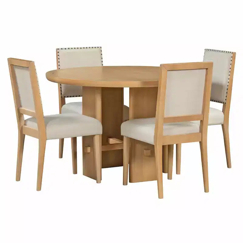 Table à manger ronde 5 pièces Whisen style ferme avec 4 chaises rembourrées en bois massif, ensemble pour 4 personnes