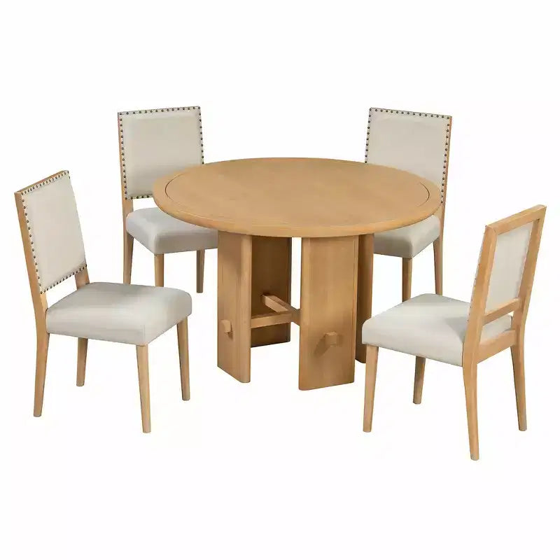 Table à manger ronde 5 pièces Whisen style ferme avec 4 chaises rembourrées en bois massif, ensemble pour 4 personnes