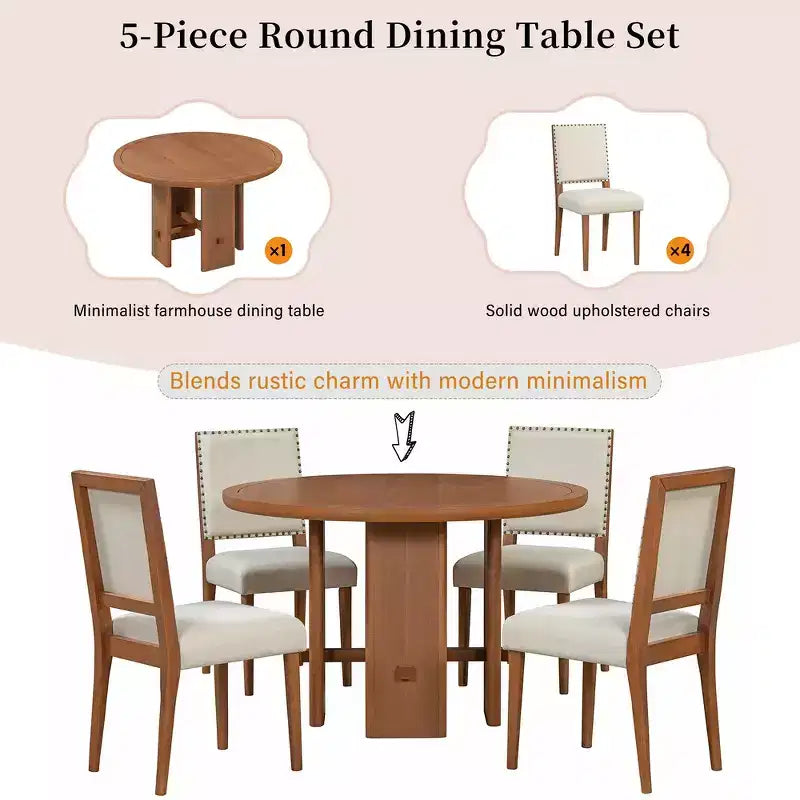 Table à manger ronde 5 pièces Whisen style ferme avec 4 chaises rembourrées en bois massif, ensemble pour 4 personnes