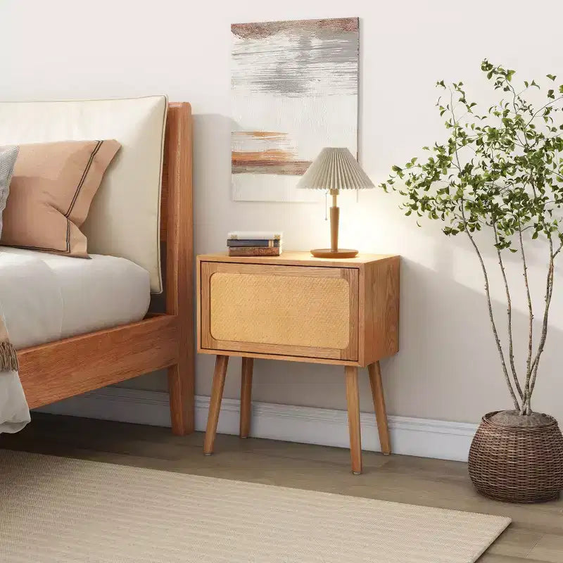 JVNOXK Table de chevet à rangement dissimulé pivotant de 22 pouces, table d'appoint à pieds en rotin de style moderne du milieu du siècle, convient aux chambres à coucher, finition naturelle