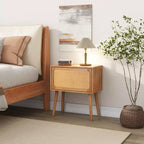 JVNOXK Table de chevet à rangement dissimulé pivotant de 22 pouces, table d'appoint à pieds en rotin de style moderne du milieu du siècle, convient aux chambres à coucher, finition naturelle