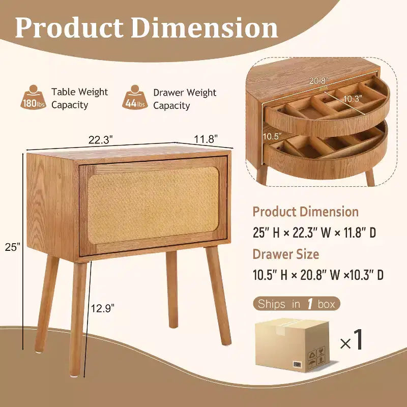 JVNOXK Table de chevet à rangement dissimulé pivotant de 22 pouces, table d'appoint à pieds en rotin de style moderne du milieu du siècle, convient aux chambres à coucher, finition naturelle