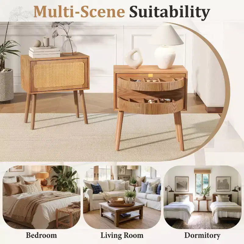 JVNOXK Table de chevet à rangement dissimulé pivotant de 22 pouces, table d'appoint à pieds en rotin de style moderne du milieu du siècle, convient aux chambres à coucher, finition naturelle