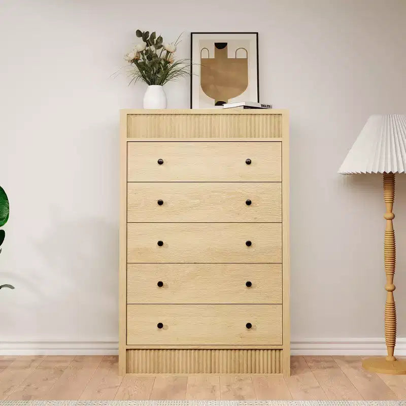Commode de rangement moderne avec 5 tiroirs, armoire de rangement en bois pour chambre à coucher, chambre d'enfant, couloir, salon, chêne naturel 5 seaux