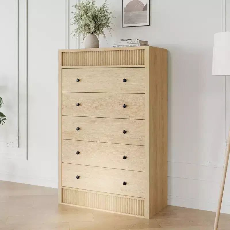 Commode de rangement moderne avec 5 tiroirs, armoire de rangement en bois pour chambre à coucher, chambre d'enfant, couloir, salon, chêne naturel 5 seaux