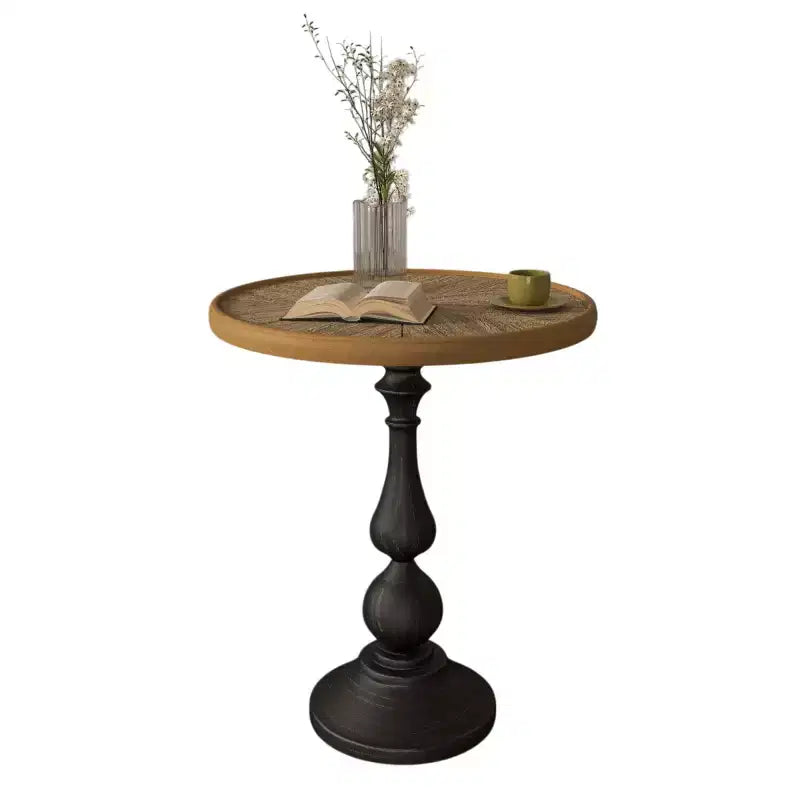 Table d'appoint ronde vintage sur pied, table d'appoint de style campagnard français avec plateau à grain de bois pour salon ou chambre à coucher-Panipeachy