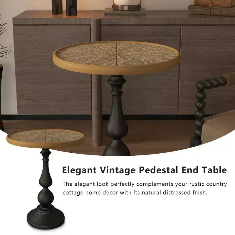 Table d'appoint ronde vintage sur pied, table d'appoint de style campagnard français avec plateau à grain de bois pour salon ou chambre à coucher-Panipeachy
