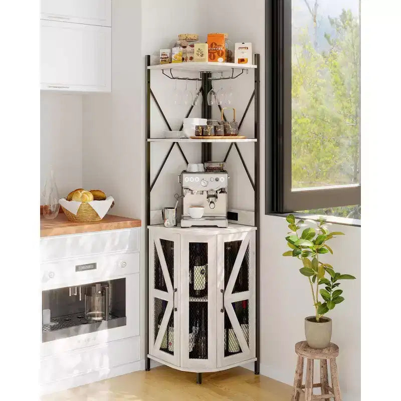 Meuble d'angle de bar avec lumières LED, meuble d'angle avec prise, espace de rangement et casier à vin amovible, meuble à café de style ferme pour salle à manger