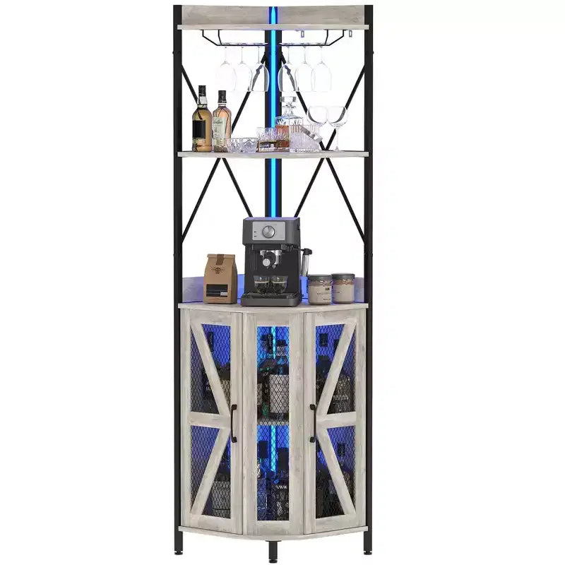 Meuble d'angle de bar avec lumières LED, meuble d'angle avec prise, espace de rangement et casier à vin amovible, meuble à café de style ferme pour salle à manger