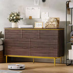 Commode 7 tiroirs pour chambre à coucher, commode en bois de 54 po de large avec poignées dorées, commode cannelée avec support TV, commode de rangement pour salon