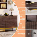 Commode 7 tiroirs pour chambre à coucher, commode en bois de 54 po de large avec poignées dorées, commode cannelée avec support TV, commode de rangement pour salon