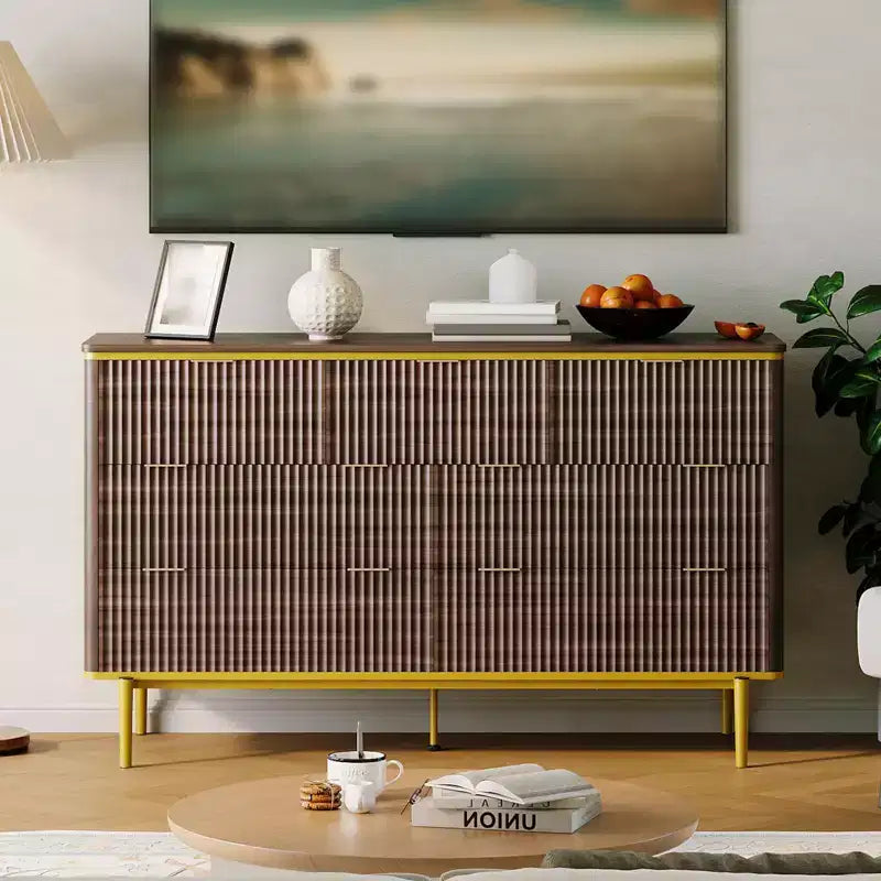 Commode 7 tiroirs pour chambre à coucher, commode en bois de 54 po de large avec poignées dorées, commode cannelée avec support TV, commode de rangement pour salon