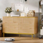 Commode 7 tiroirs pour chambre à coucher, commode en bois de 54 po de large avec poignées dorées, commode cannelée avec support TV, commode de rangement pour salon