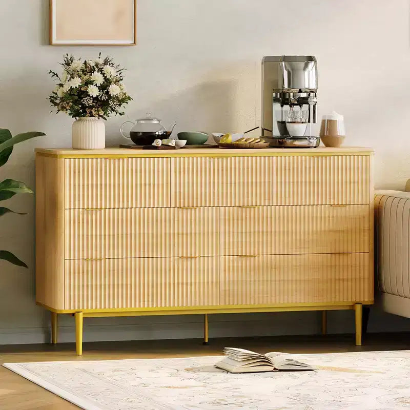 Commode 7 tiroirs pour chambre à coucher, commode en bois de 54 po de large avec poignées dorées, commode cannelée avec support TV, commode de rangement pour salon