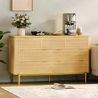 Commode 7 tiroirs pour chambre à coucher, commode en bois de 54 po de large avec poignées dorées, commode cannelée avec support TV, commode de rangement pour salon