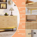 Commode 7 tiroirs pour chambre à coucher, commode en bois de 54 po de large avec poignées dorées, commode cannelée avec support TV, commode de rangement pour salon