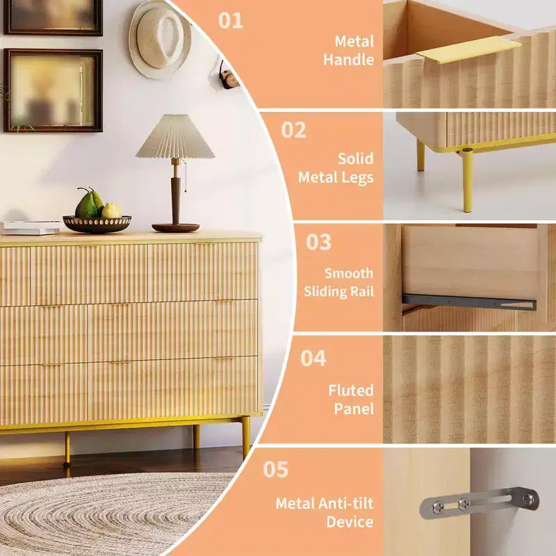 Commode 7 tiroirs pour chambre à coucher, commode en bois de 54 po de large avec poignées dorées, commode cannelée avec support TV, commode de rangement pour salon
