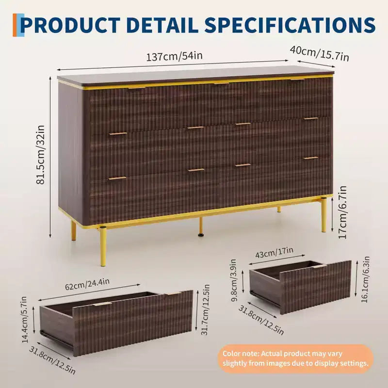 Commode 7 tiroirs pour chambre à coucher, commode en bois de 54 po de large avec poignées dorées, commode cannelée avec support TV, commode de rangement pour salon