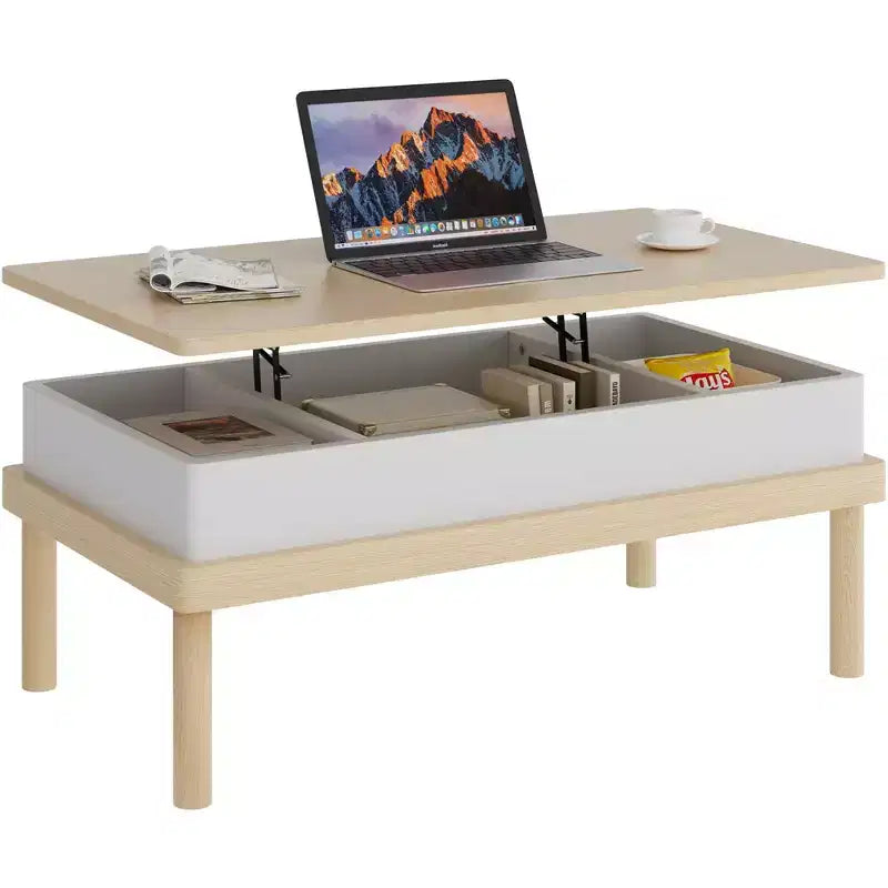 Table basse Celebalcony, table basse relevable avec compartiment de rangement, table de salle à manger relevable, pour salon, bureau et maison