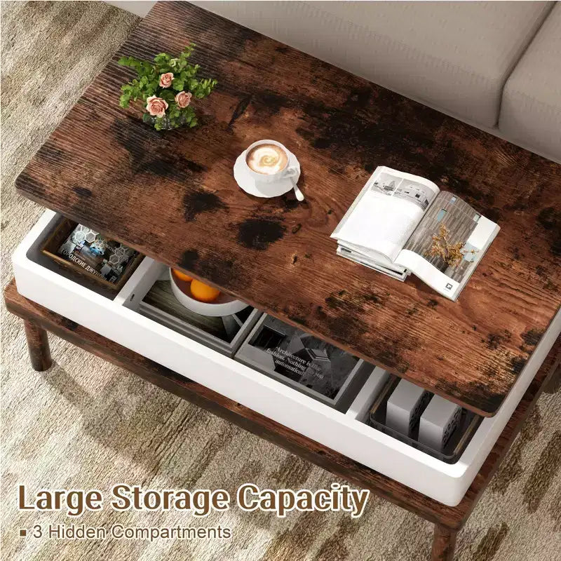 Table basse Celebalcony, table basse relevable avec compartiment de rangement, table de salle à manger relevable, pour salon, bureau et maison