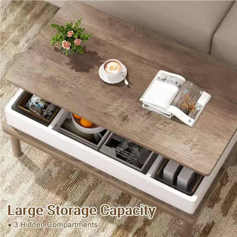 Table basse Celebalcony, table basse relevable avec compartiment de rangement, table de salle à manger relevable, pour salon, bureau et maison