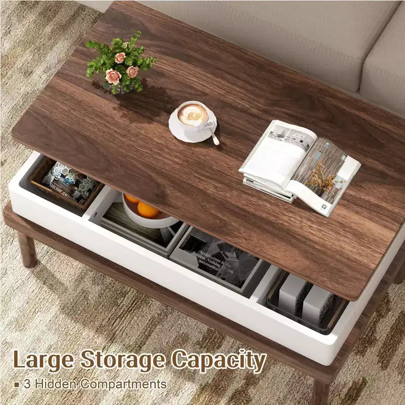 Table basse Celebalcony, table basse relevable avec compartiment de rangement, table de salle à manger relevable, pour salon, bureau et maison