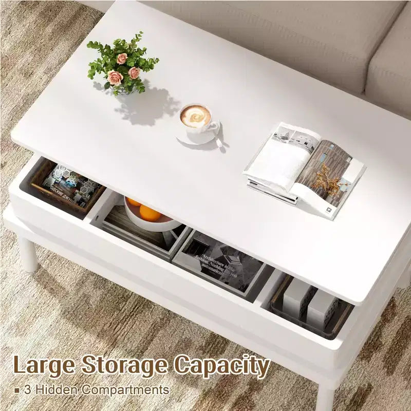 Table basse Celebalcony, table basse relevable avec compartiment de rangement, table de salle à manger relevable, pour salon, bureau et maison