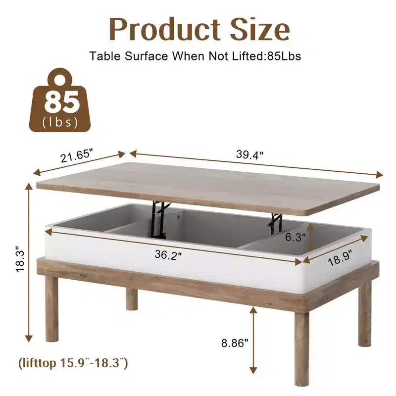 Table basse Celebalcony, table basse relevable avec compartiment de rangement, table de salle à manger relevable, pour salon, bureau et maison