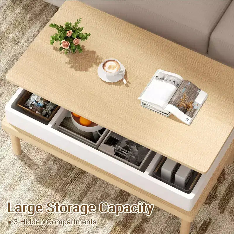 Table basse Celebalcony, table basse relevable avec compartiment de rangement, table de salle à manger relevable, pour salon, bureau et maison