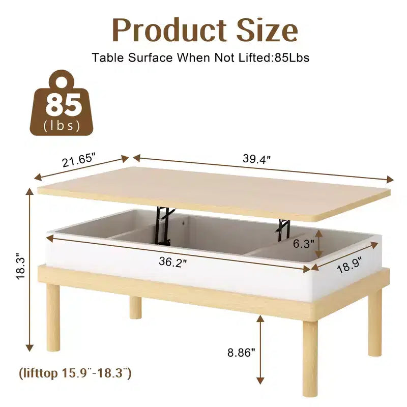 Table basse Celebalcony, table basse relevable avec compartiment de rangement, table de salle à manger relevable, pour salon, bureau et maison